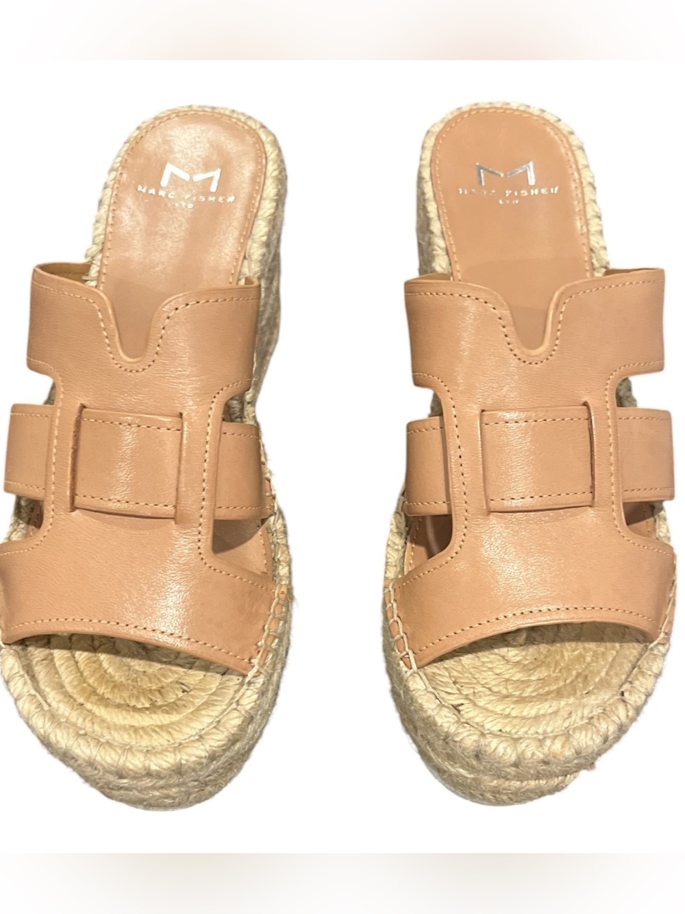 Marc Fisher Leather Tan Espadrille Wedge Slide Mules Platform Sandals 6.5